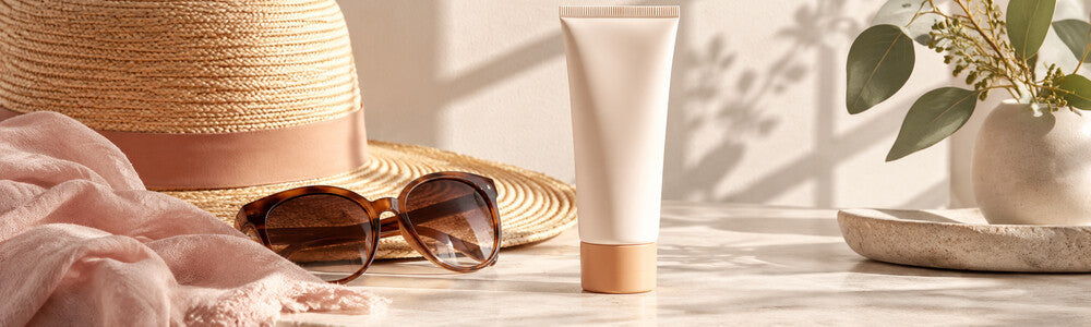 Daily sunscreen essentials with hat and sunglasses
