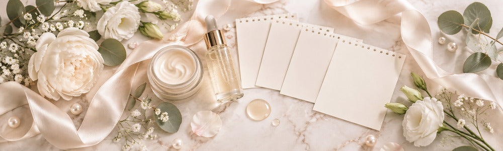 Bridal skincare countdown flat lay with serum, cream, flowers, and ivory ribbon