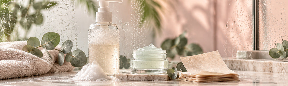 Gentle cleanser, gel moisturizer, and blotting papers for humid-weather oily skin