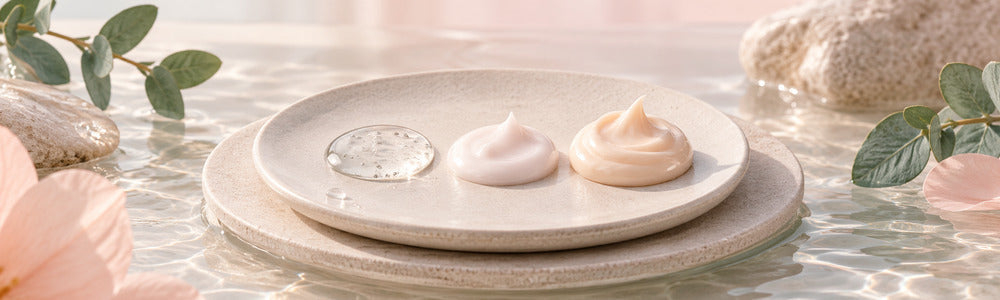Serum, lotion, and cream textures arranged for a moisturizer selection guide.