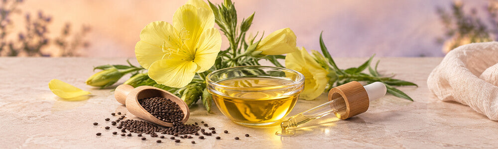 Evening primrose flowers, seeds, and botanical oil for an evening primrose skincare guide