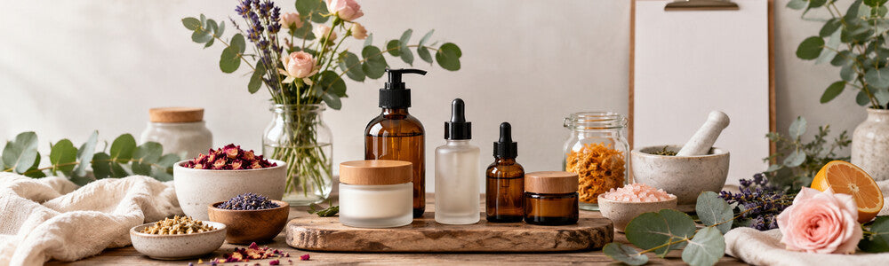 Unlabeled small-batch skincare vessels and botanicals for vegan and cruelty-free shopping guidance