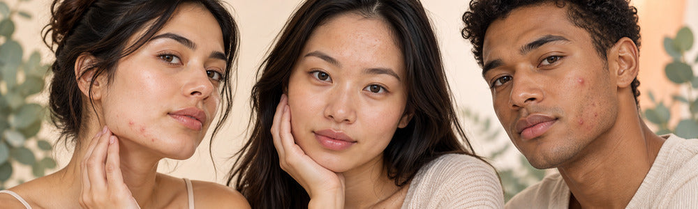 Three adults showing different mild acne-like breakout patterns
