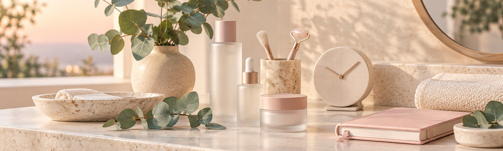 A calm, repeatable skincare ritual with a journal, clock, eucalyptus, and unbranded skincare vessels