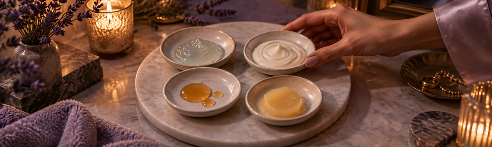 Four skincare textures arranged for a balanced product rotation