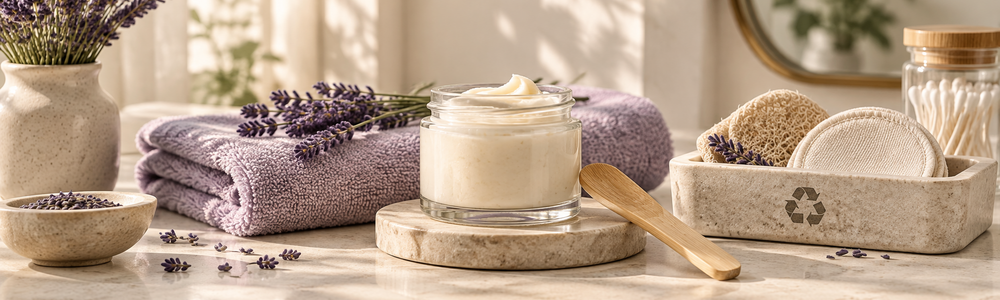 Sustainable skincare routine with reusable accessories and lavender accents