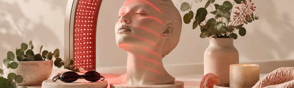Red light therapy concept with a ceramic facial sculpture and protective eyewear