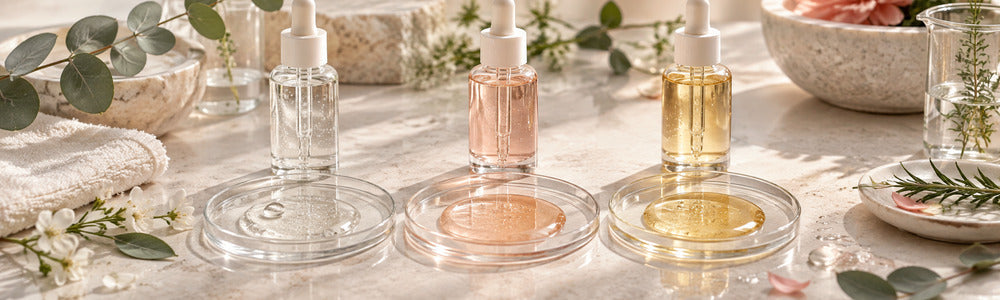 Three unlabeled serum textures in a refined skincare setting