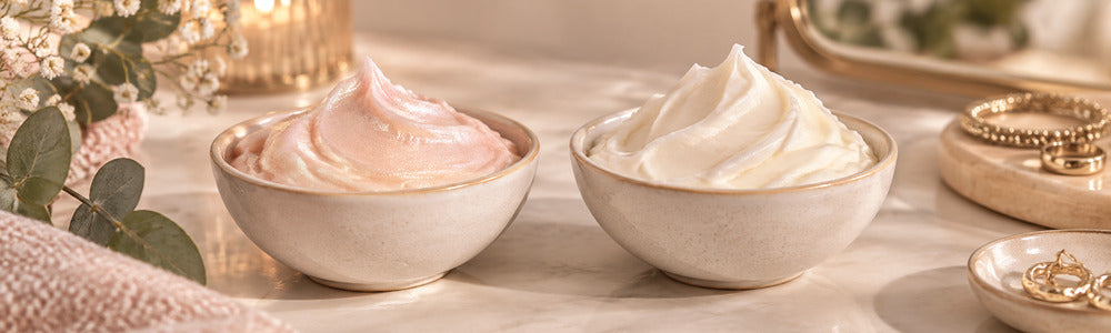 Shimmer and non-shimmer body butter textures side by side