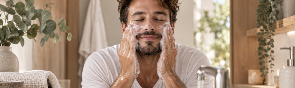 Man gently cleansing his face in a warm modern bathroom