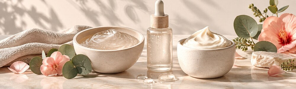 Cleanser, serum, and moisturizer textures in a simple skincare ritual