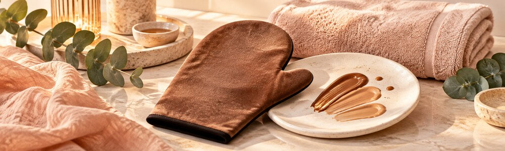 Sunless tanning mitt with warm bronze cosmetic swatches