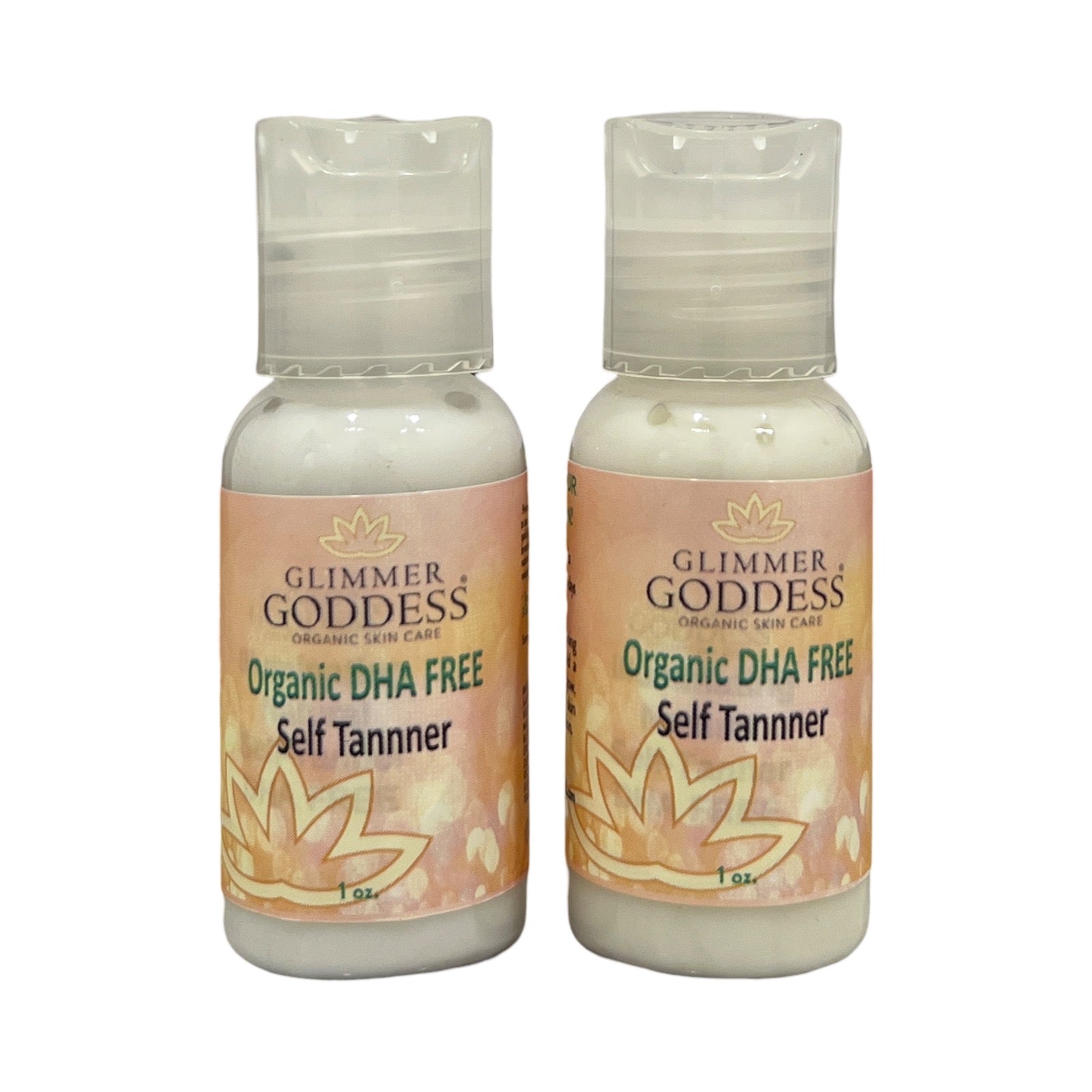 Glimmer Goddess Organic Self Tanner Deluxe Sample in 1oz bottle, DHA free, with natural tanning lotion for a sun-kissed glow