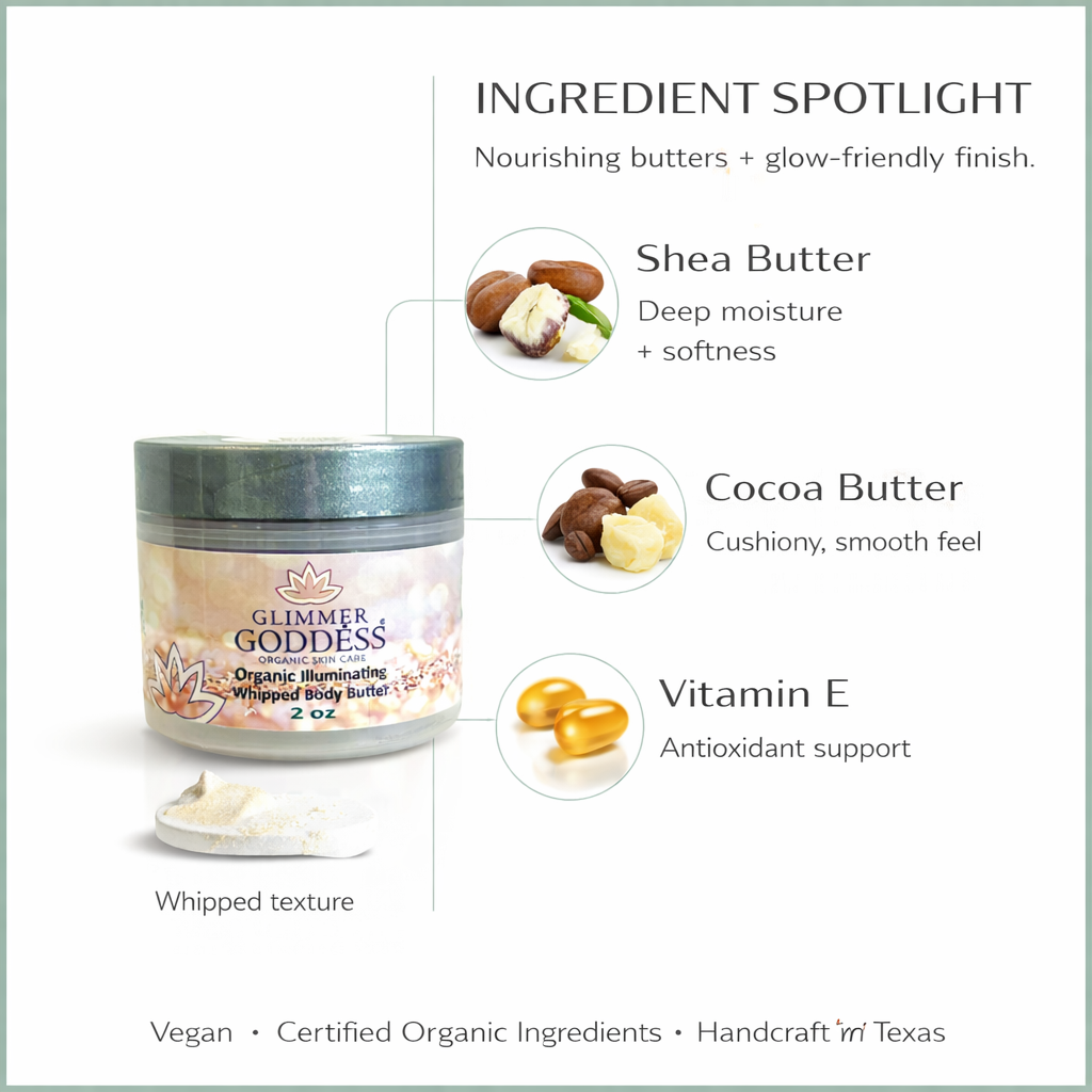 Organic shimmer body butter from Glimmer Goddess® in 2 oz travel size, showing ingredients and shimmering texture.