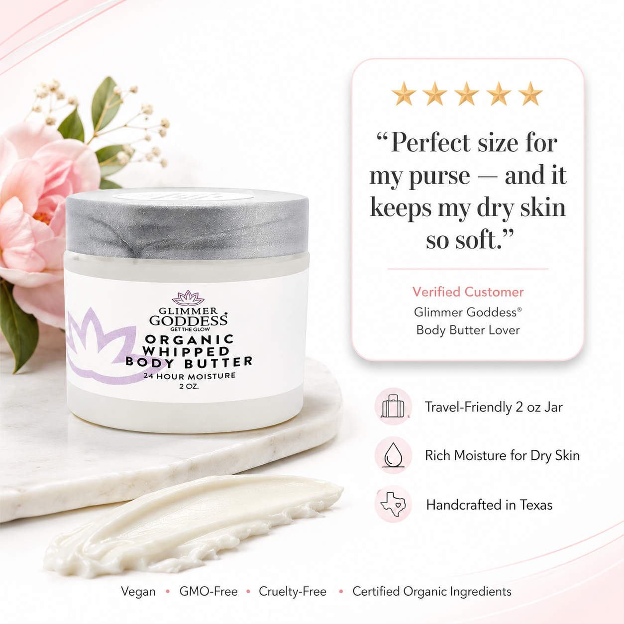 Glimmer Goddess body butter jar with a five-star review and product features on a white background.
