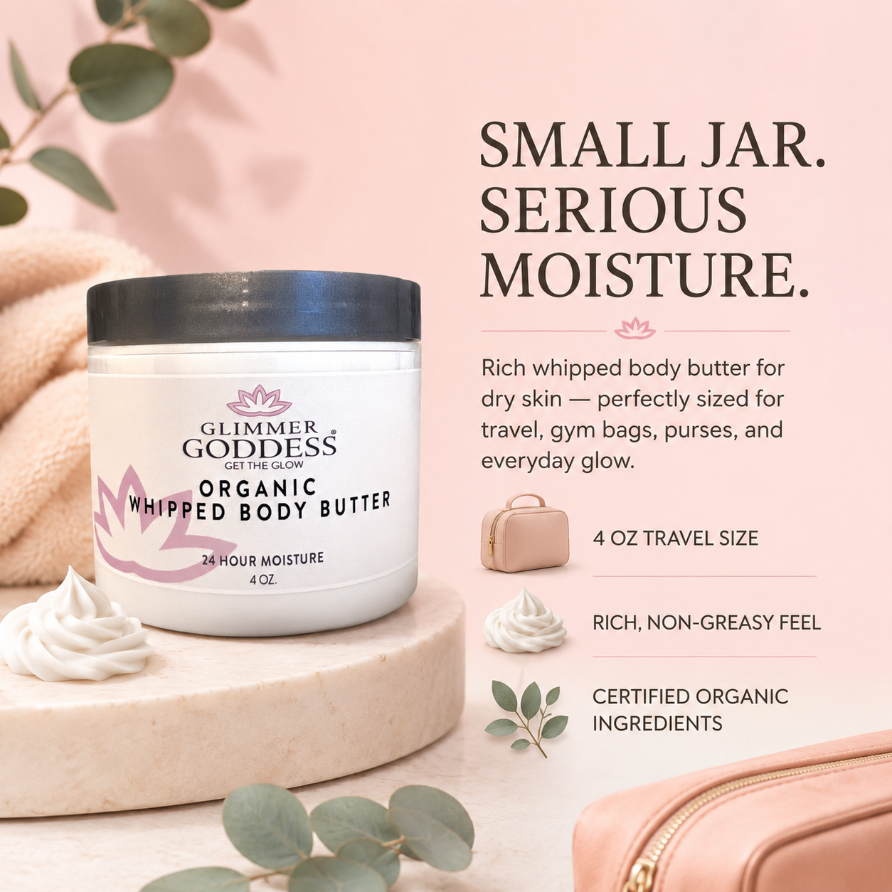 Glimmer Goddess organic whipped body butter jar with product details on a pink background
