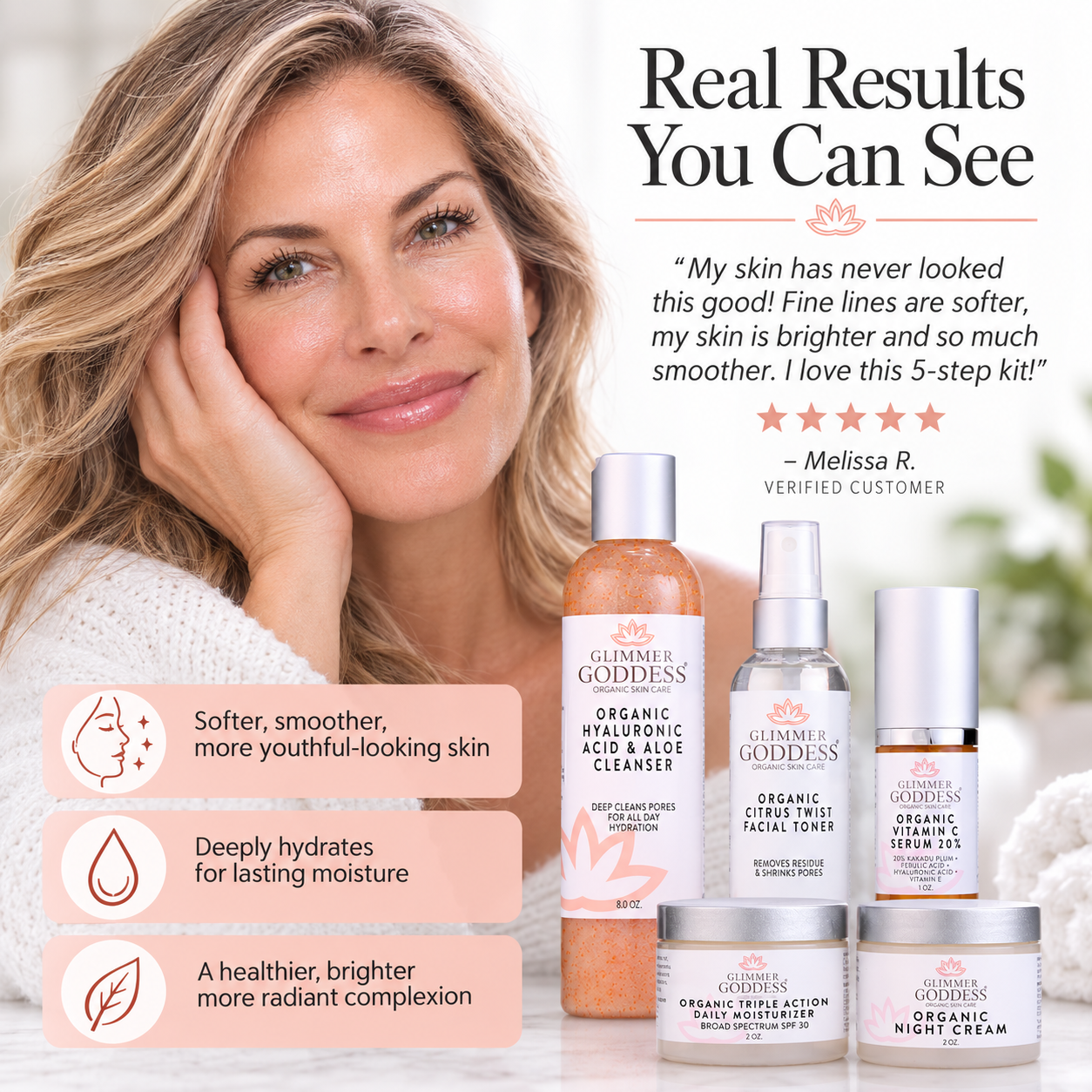 A promotional skincare ad featuring a smiling woman on the left and several Glimmer of Goddess skincare products on the right, with text reading 'Real Results You Can See' and a customer quote. The products include cleanser, facial toner, serum, and creams in white, clear, and peach packaging.