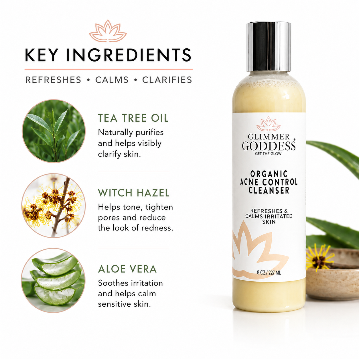 Glimmer Goddess Organic Acne Control Cleanser bottle shown on a white background with ingredient callouts for tea tree oil, witch hazel, and aloe vera.