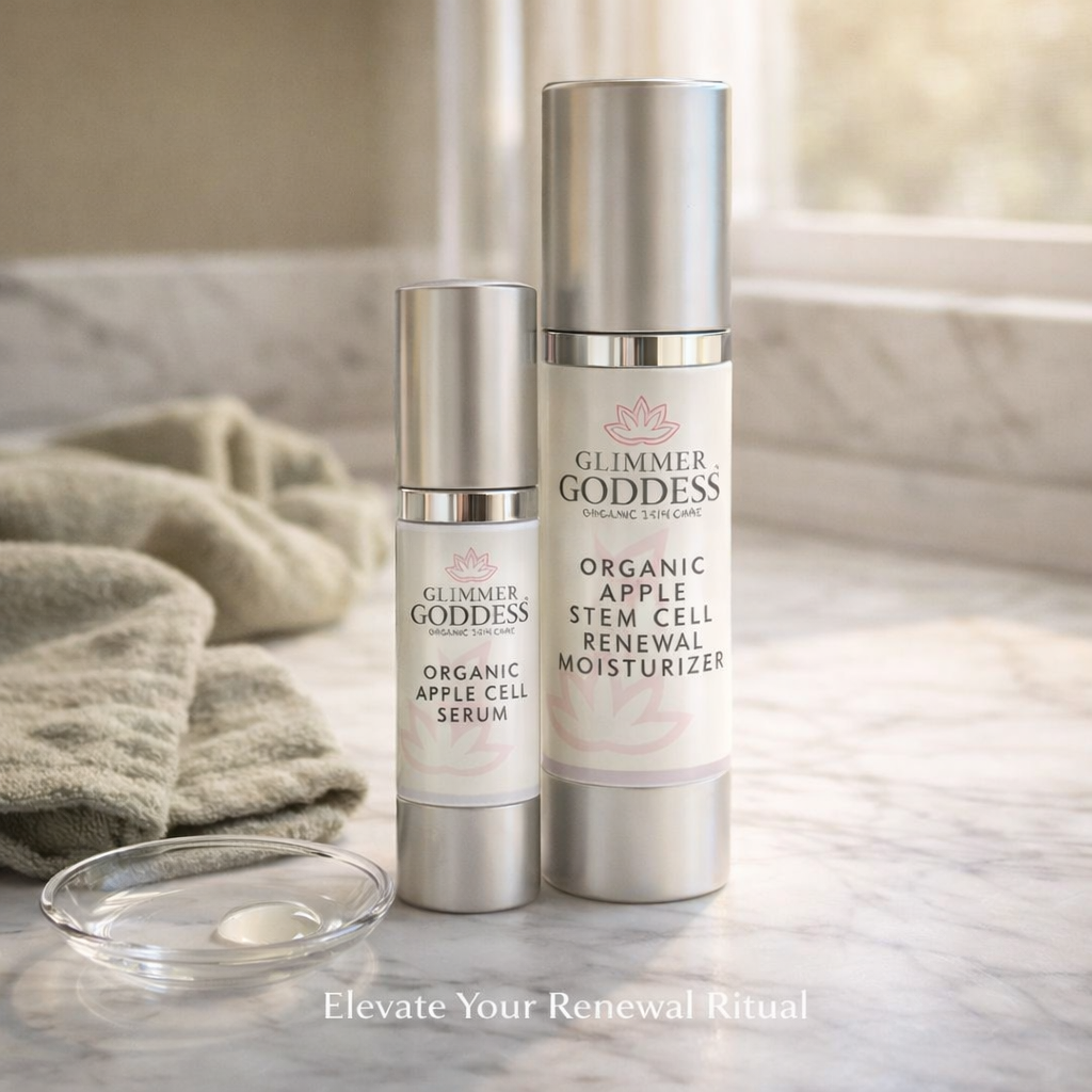 Luxury Apple Stem Cell Renewal Serum 1 oz and Multi-Stem Cell Renewal Moisturizer 2 oz by Glimmer Goddess displayed on a marble vanity with soft natural light, highlighting plant stem cell technology, hyaluronic acid hydration, antioxidant vitamin C brightening support, vegan formula, Certified Organic Ingredients, handcrafted in Texas.
