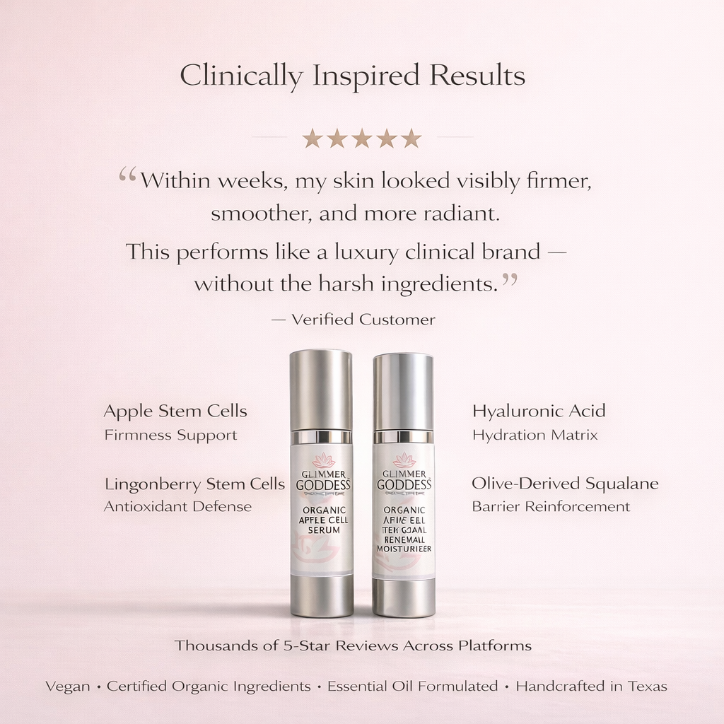 Five-star customer testimonial for Apple Stem Cell Renewal Serum 1 oz and Multi-Stem Cell Renewal Moisturizer 2 oz by Glimmer Goddess highlighting visibly firmer skin, smoother texture, increased radiance, advanced 4-stem cell technology, hyaluronic acid hydration, olive-derived squalane barrier support, vegan formula, Certified Organic Ingredients, handcrafted in Texas.