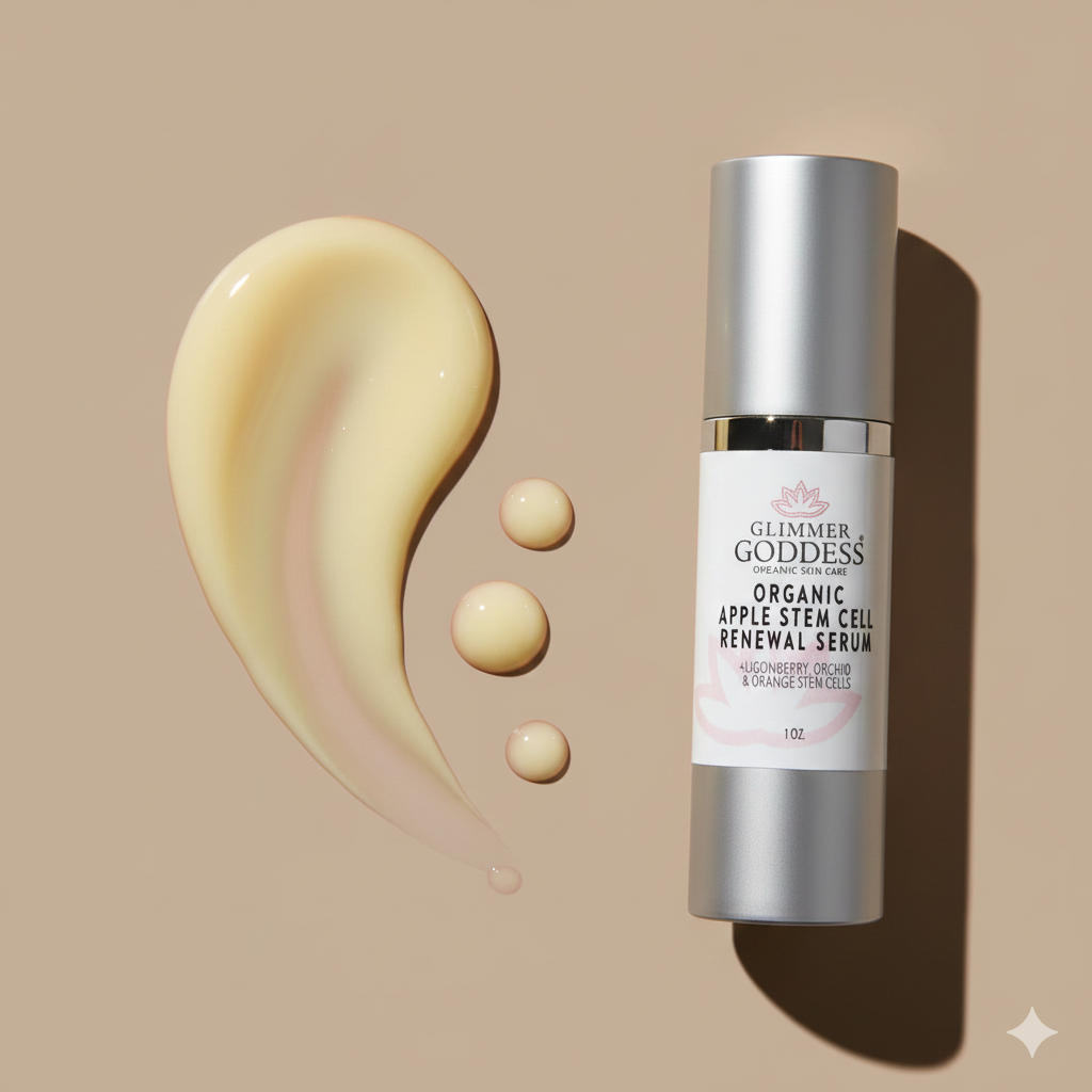 Glimmer Goddess organic apple stem cell renewal serum bottle with cream swatch on beige background