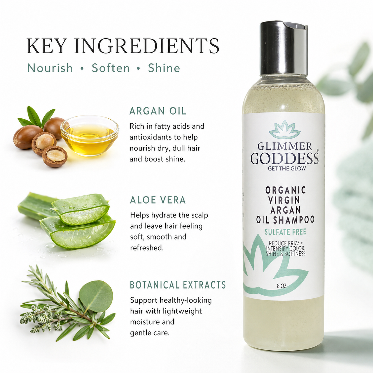 Glimmer Goddess Organic Virgin Argan Oil Shampoo bottle shown next to key ingredient callouts including argan oil, aloe vera, and botanical extracts on a clean white background.