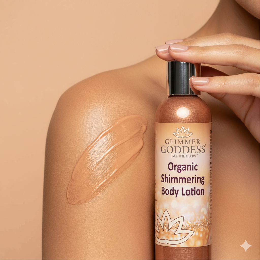 Organic bronze shimmer body lotion by Glimmer Goddess, showing a model applying the luminous, buildable glow to skin.