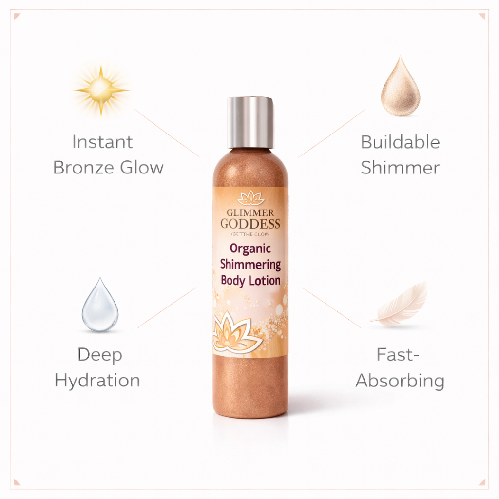 Organic bronze shimmer body lotion by Glimmer Goddess® with a luminous, buildable glow and smooth, shimmering bronze finish.
