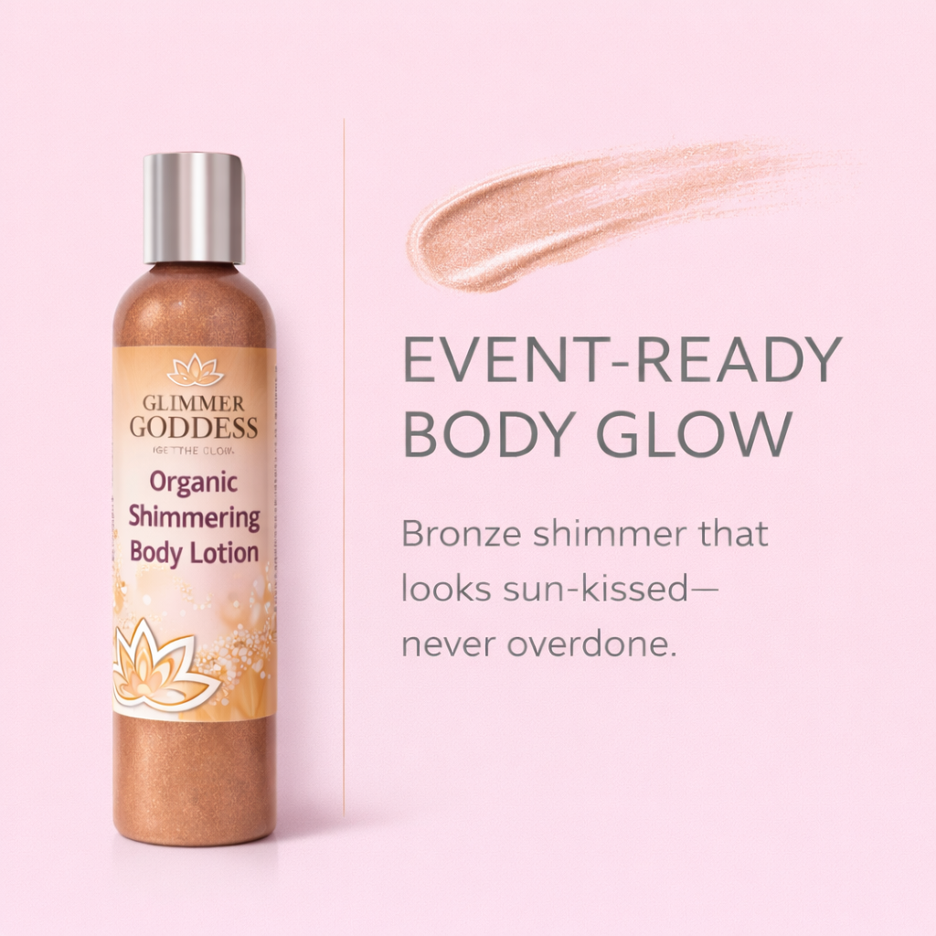 Glimmer Goddess® Organic Bronze Shimmer Body Lotion with buildable luminous glow, featuring a smooth bronze shimmer finish.