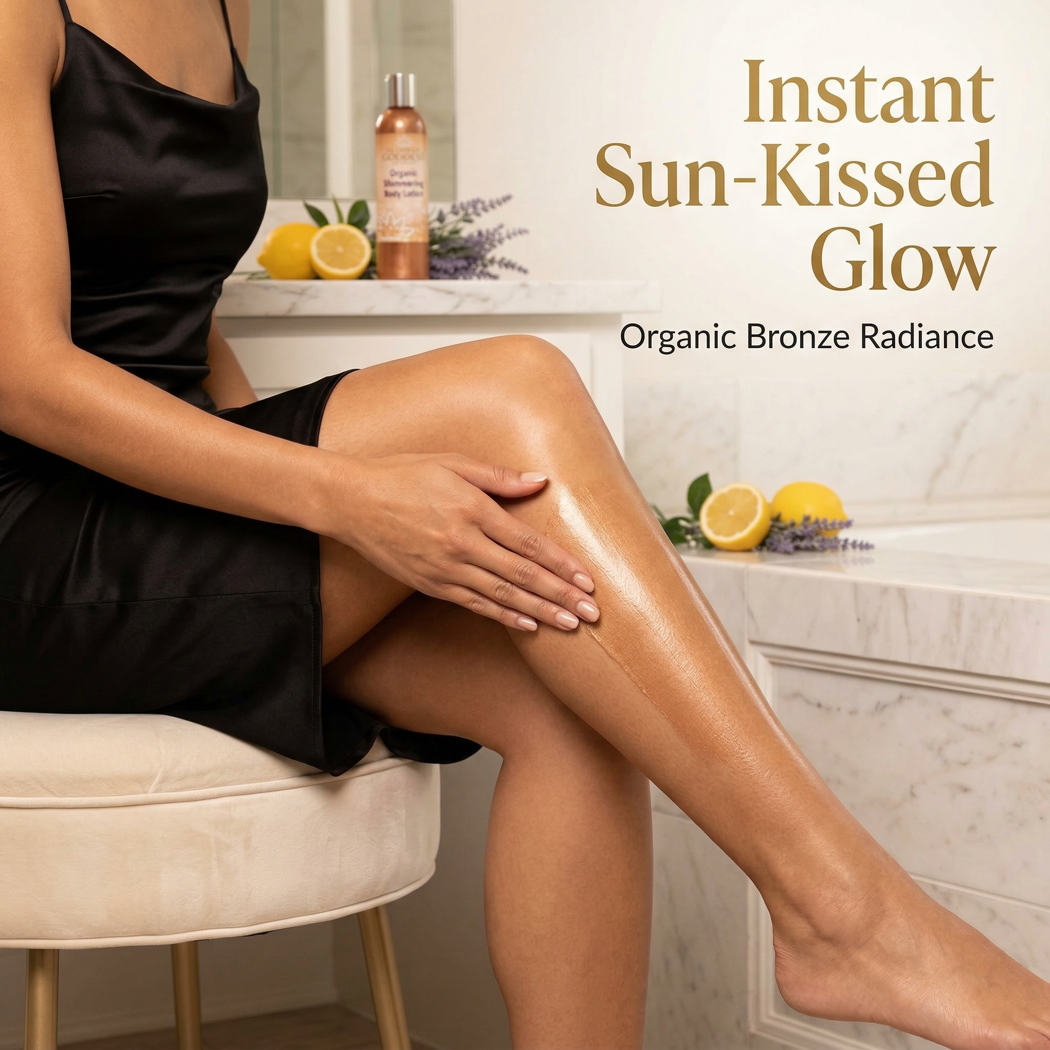 Organic Bronze Shimmer Body Lotion by Glimmer Goddess® with a luminous, buildable glow in a sleek bronze bottle.