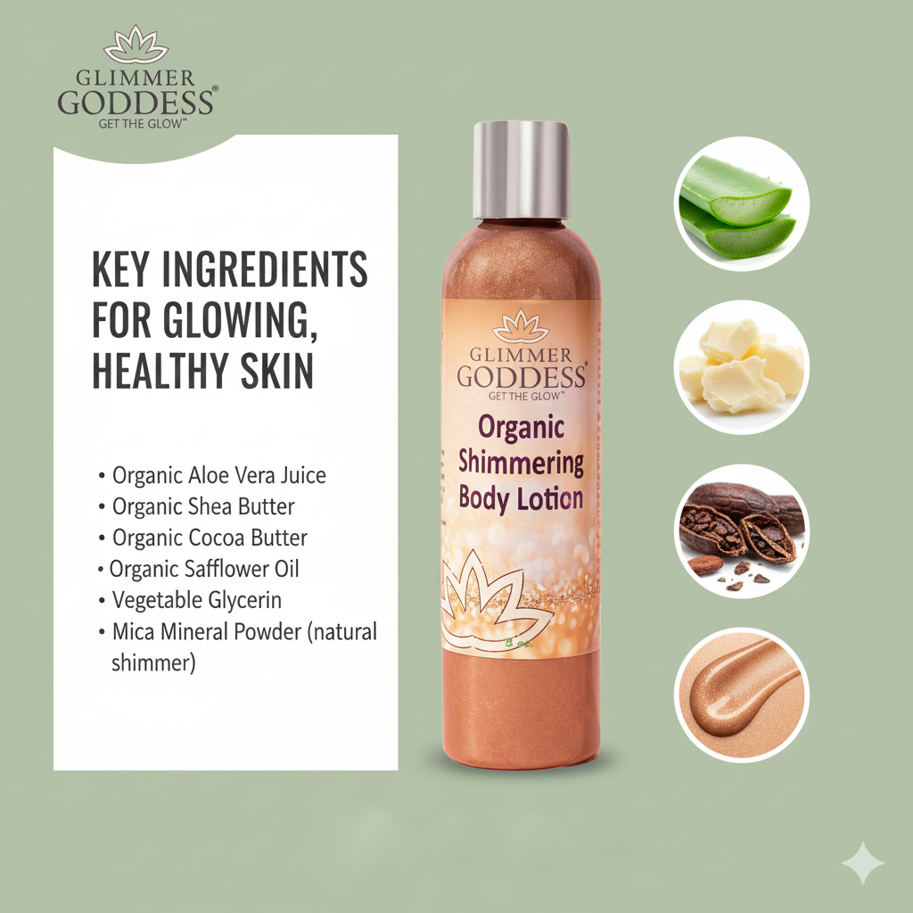 Organic bronze shimmer body lotion by Glimmer Goddess® with luminous glow, featuring key ingredients in a sleek bottle.