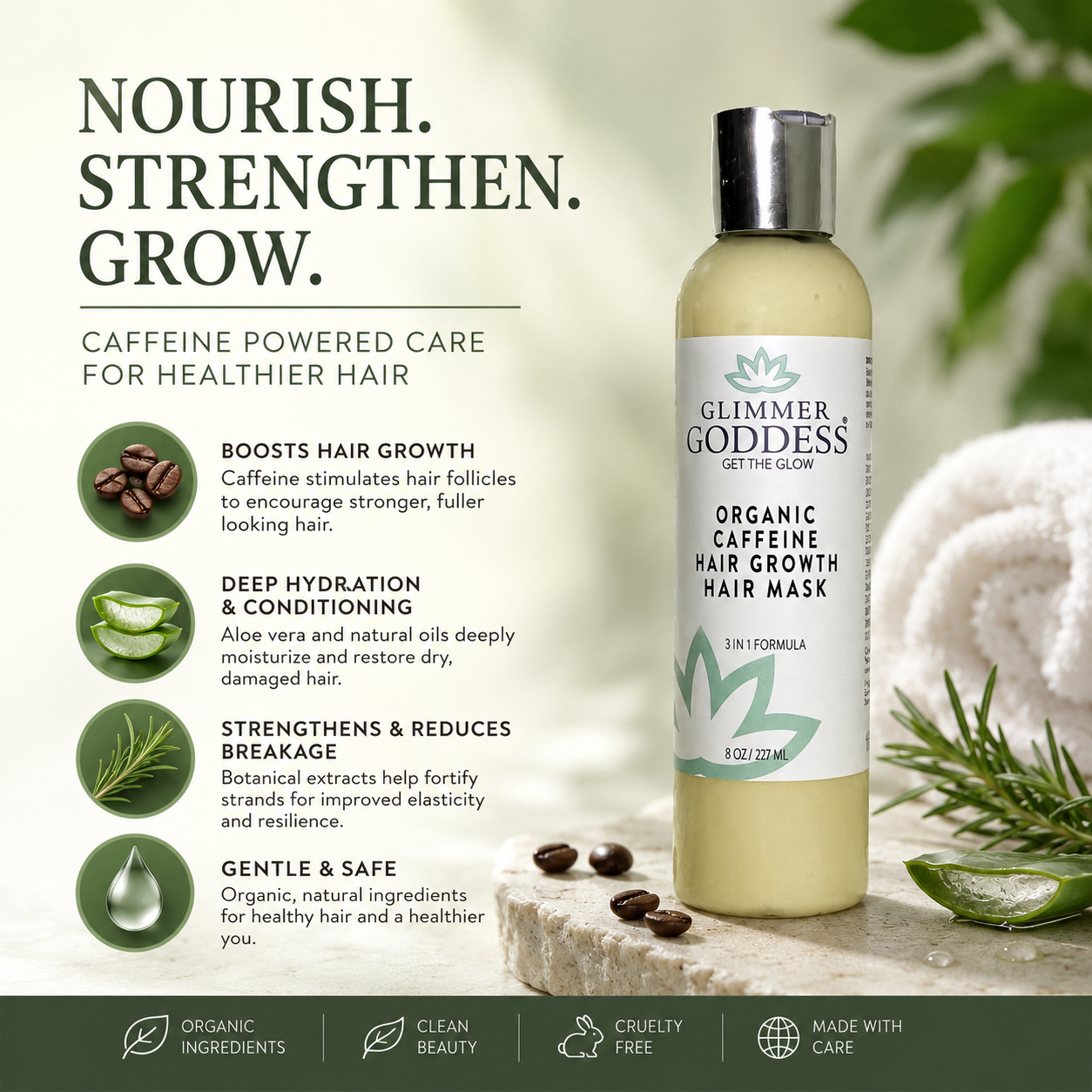 A bottle of Glimmer Goddess Organic Caffeine Hair Growth Hair Mask is displayed on a styled flat-lay background with coffee beans, aloe vera, and green leaves. The left side features marketing text and icons detailing the hair growth benefits of the product.