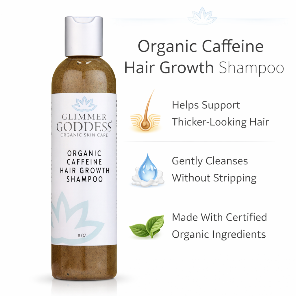 Organic caffeine shampoo for hair growth by Glimmer Goddess® featuring a sleek bottle and natural ingredients on a white background.