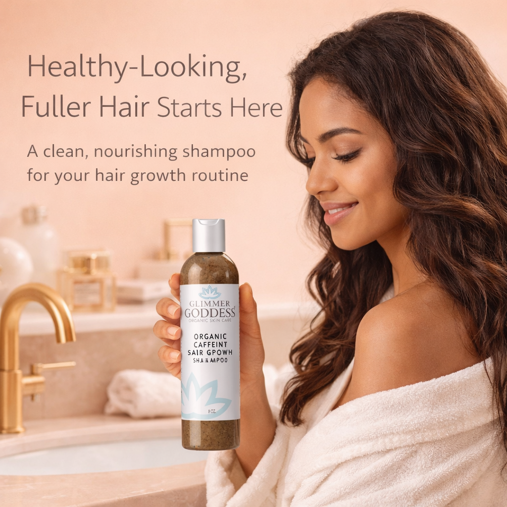 Glimmer Goddess® Organic Caffeine Shampoo for hair growth, showing a bottle of stimulating formula in a natural hair care setting