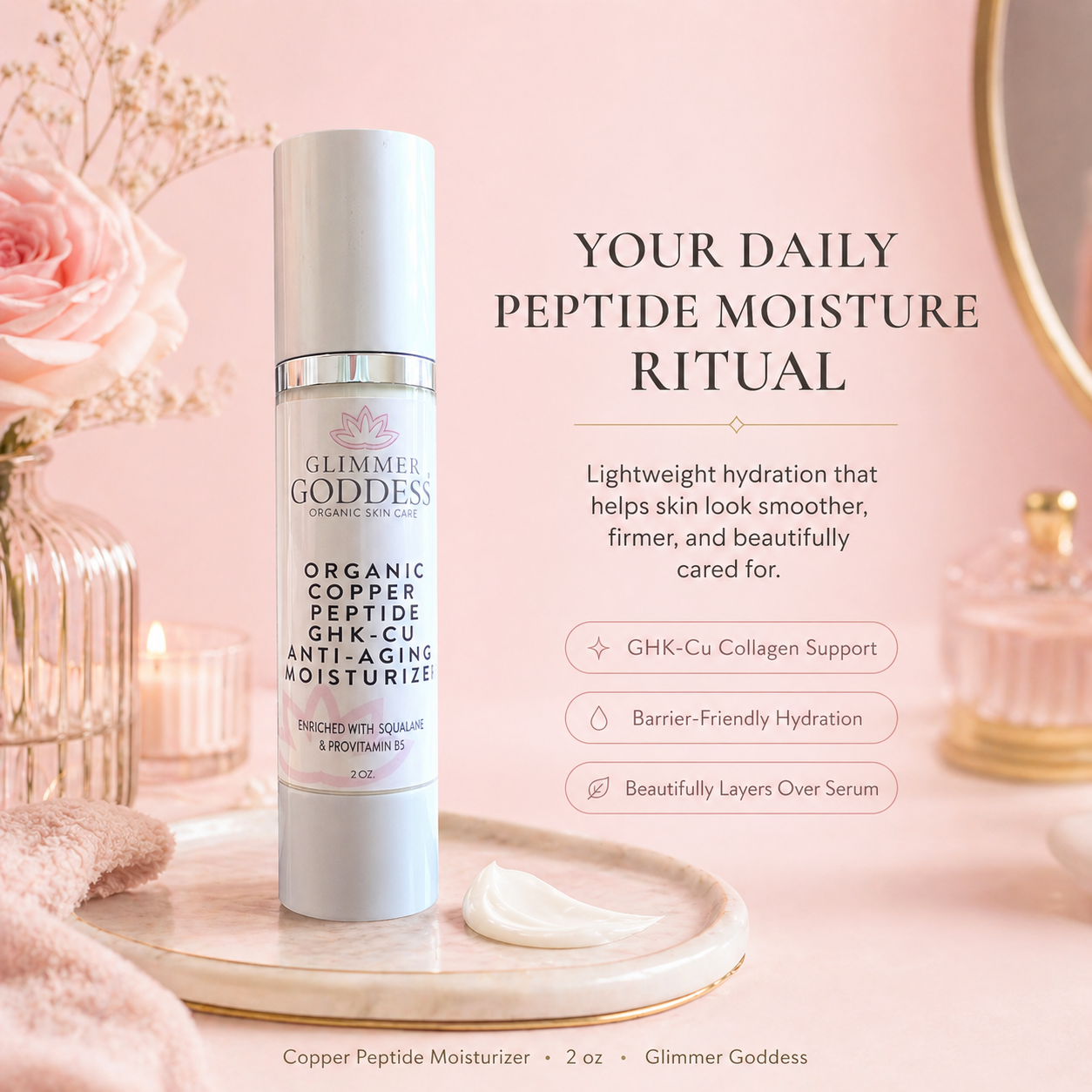 Glimmer Goddess organic copper peptide GHK-Cu anti-aging moisturizer on a pink background with decorative elements.