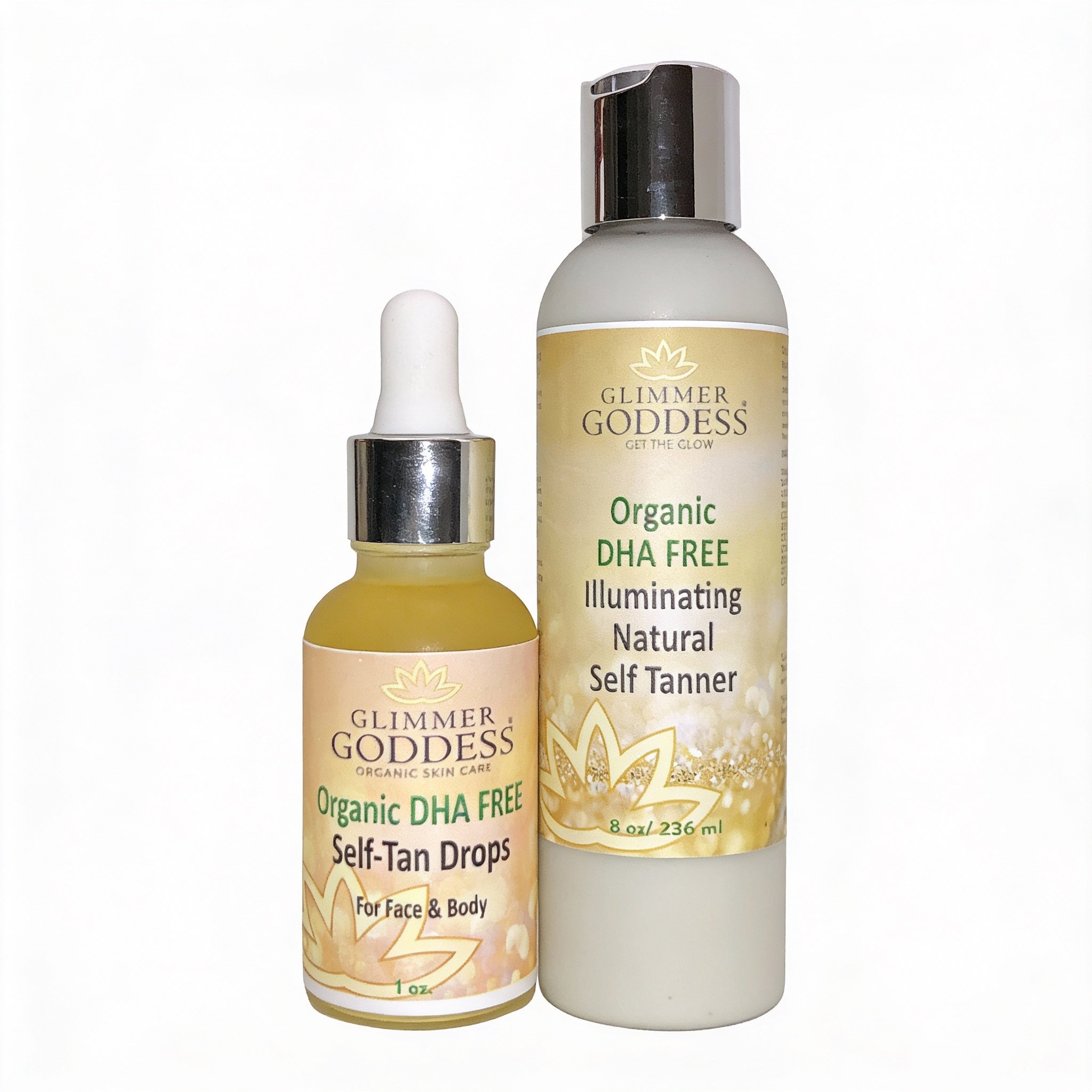 Glimmer Goddess® Organic Self Tanner Bundle with DHA-Free Lotion and Drops for a natural, scent-free glow without orange tones