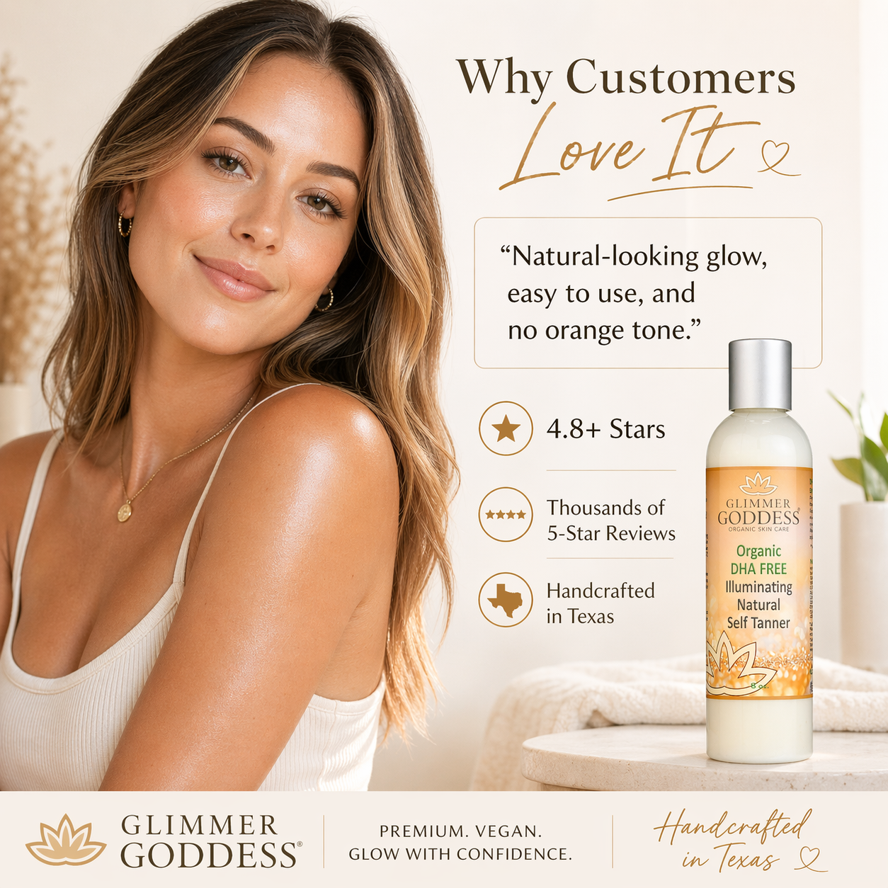 DHA-free self tanner by Glimmer Goddess Organic Skin Care for sensitive skin, showing a person with a natural, sun-kissed glow.