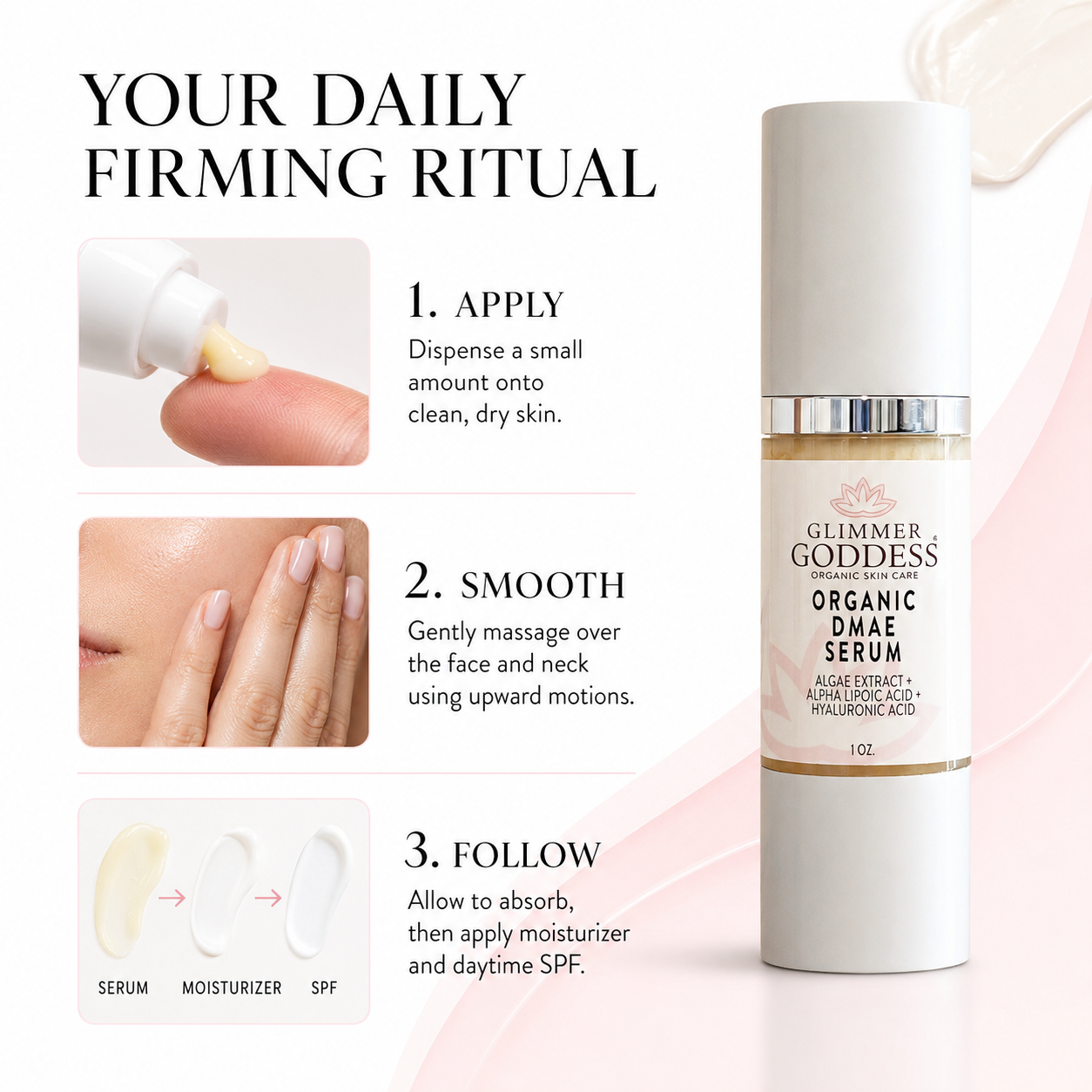 Three-step guide showing how to apply Glimmer Goddess Organic DMAE Firming Serum before moisturizer and daytime SPF.