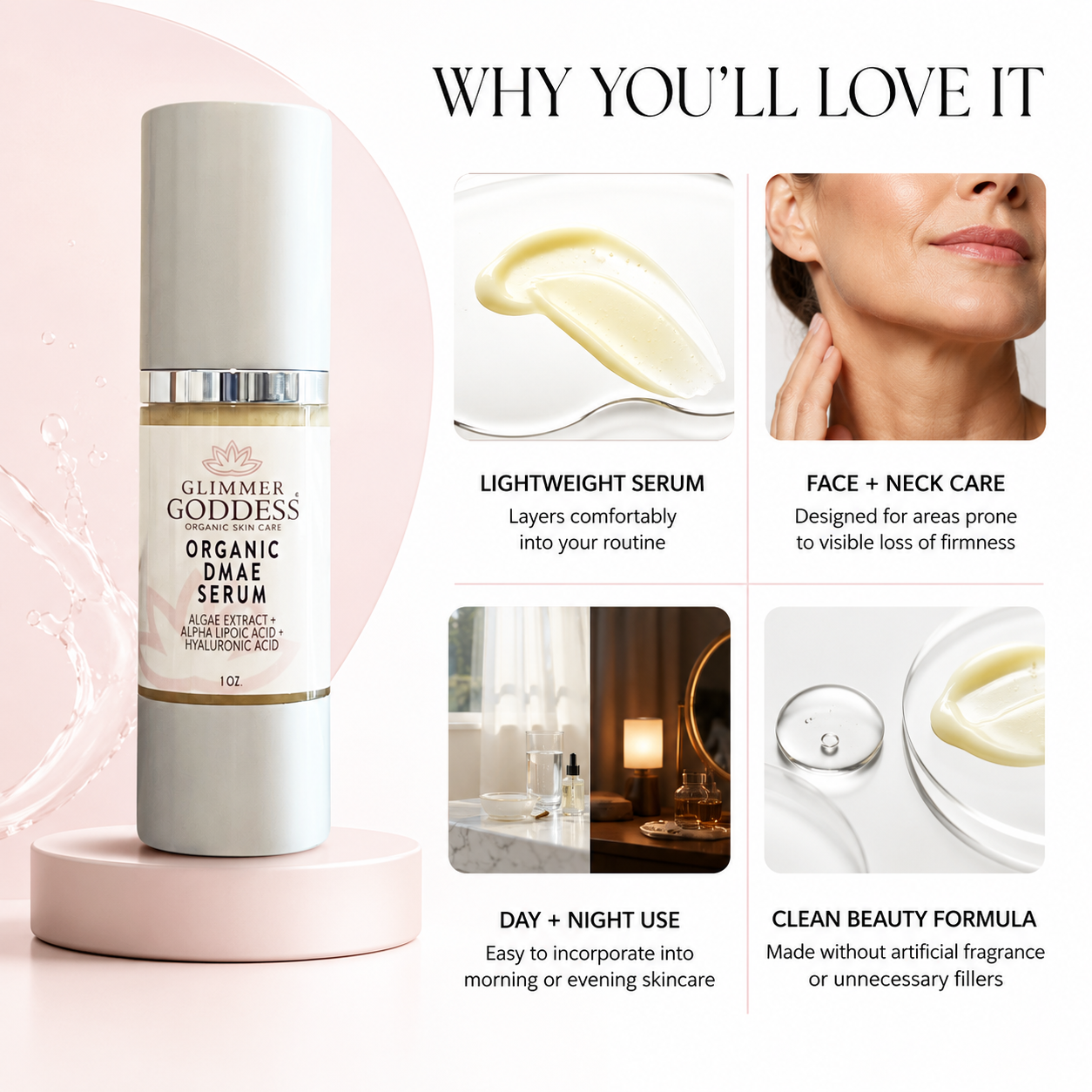 Glimmer Goddess Organic DMAE Firming Serum with lightweight texture, face and neck care, day and night use, and clean formula benefits.