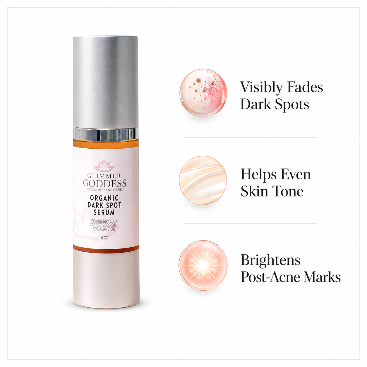 Glimmer Goddess Organic Dark Spot Serum bottle shown on a white background with three circular before/after-style skin spot graphics and text reading 'Visibly Fades Dark Spots,' 'Helps Even Skin Tone,' and 'Brightens Post-Acne Marks.'.