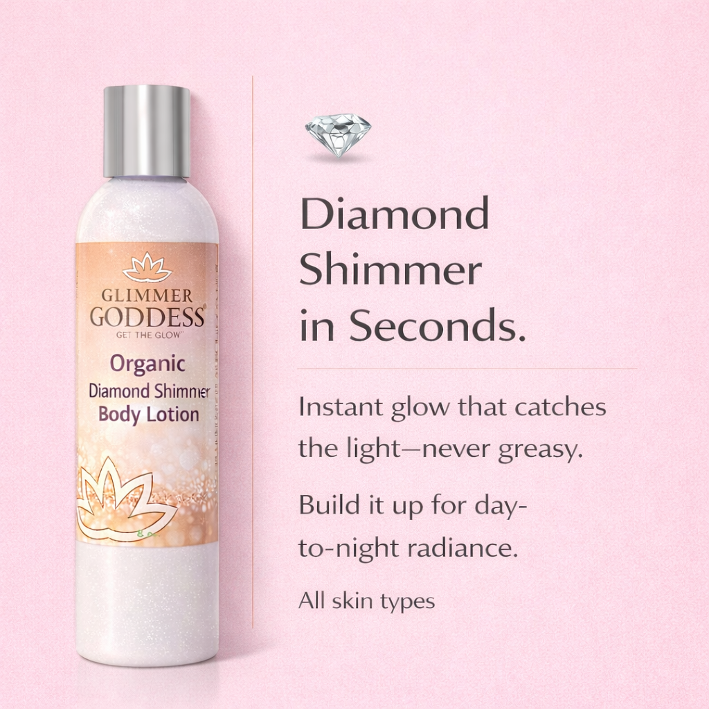 Glimmer Goddess® Organic Diamond Shimmer Body Lotion on a solid cotton candy pink background with a luxury callout highlighting instant diamond shimmer glow, non-greasy hydration, and buildable day-to-night radiance for all skin types.