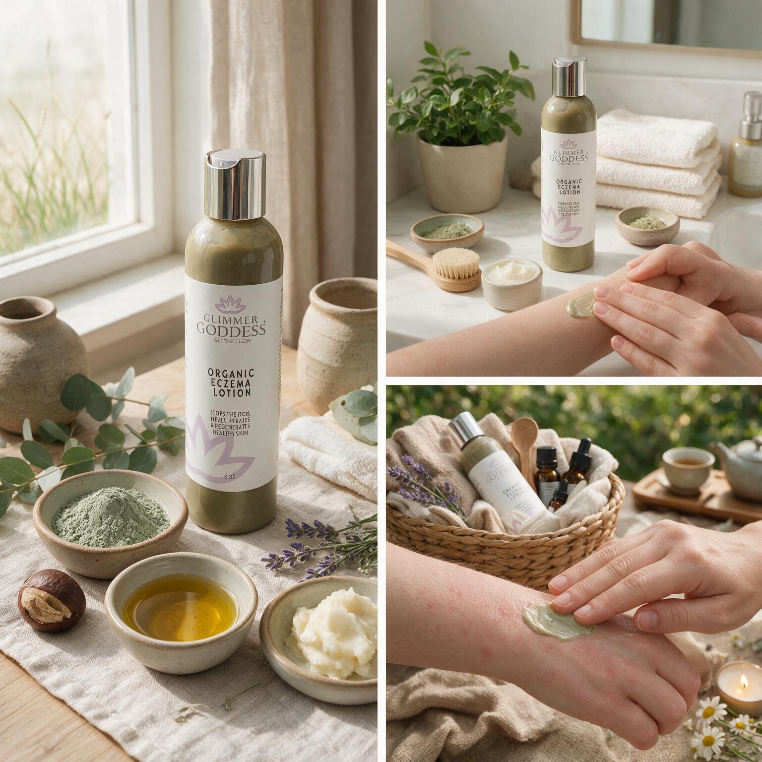 Glimmer Goddess Organic Eczema Lotion for soothing and deeply moisturizing dry, itchy and rough-feeling skin