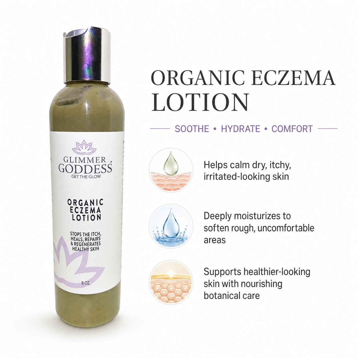 Glimmer Goddess Organic Eczema Lotion in a clear bottle with a white label and silver cap, shown next to text describing benefits on a white background.