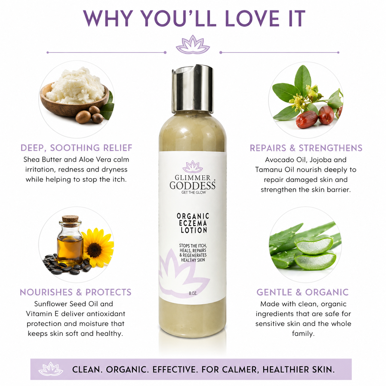 Glimmer Goddess Organic Cream Lotion bottle centered on a white background with purple text and ingredient callouts around it, including shea butter, avocado, sunflower seed oil, and aloe vera.
