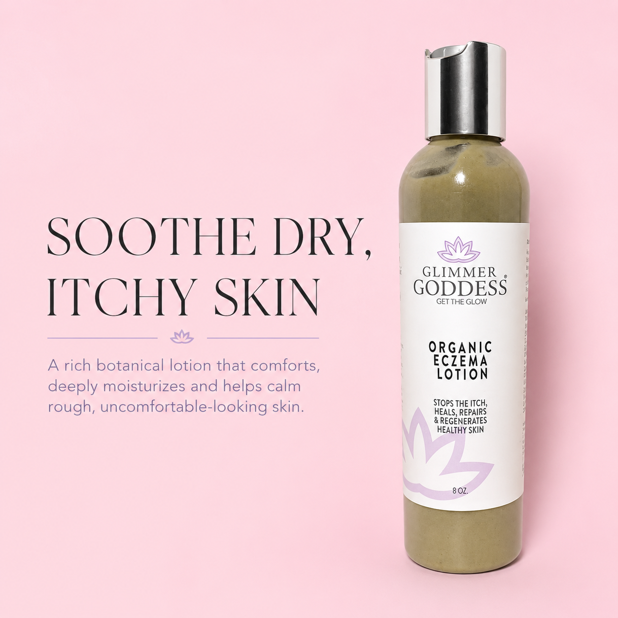Glimmer Goddess Organic Eczema Lotion in a clear bottle showing the olive-green lotion inside, with a white label and silver cap, set against a solid pink background with product text on the left.