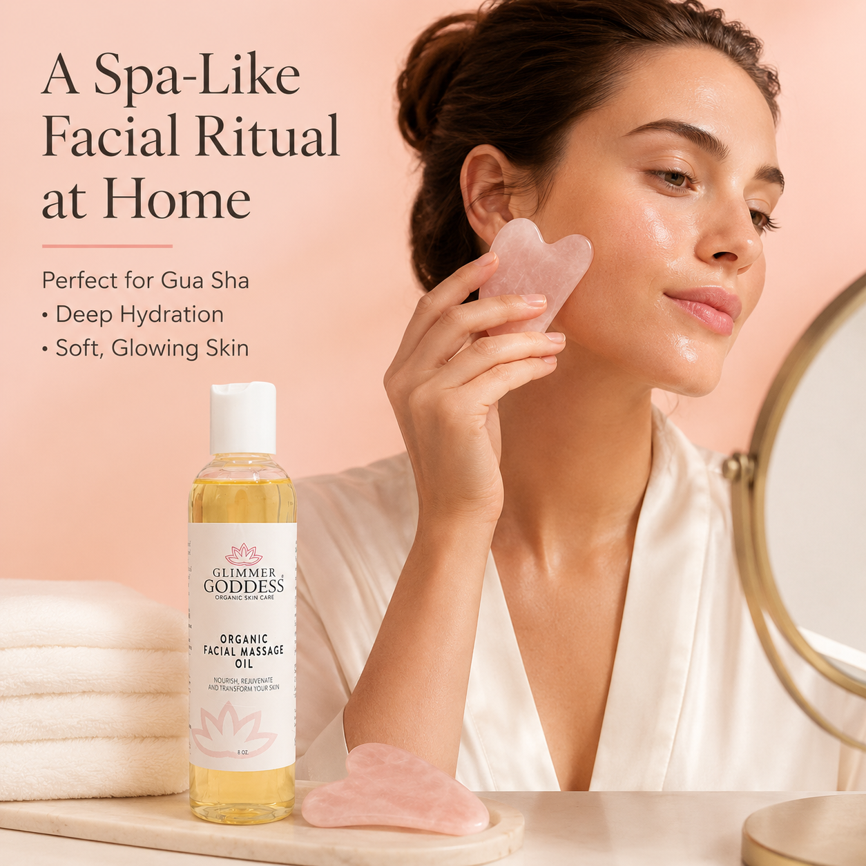 Organic facial massage oil by Glimmer Goddess® Organic Skin Care, showcasing a bottle of anti-aging moisturizer with natural ingredients.