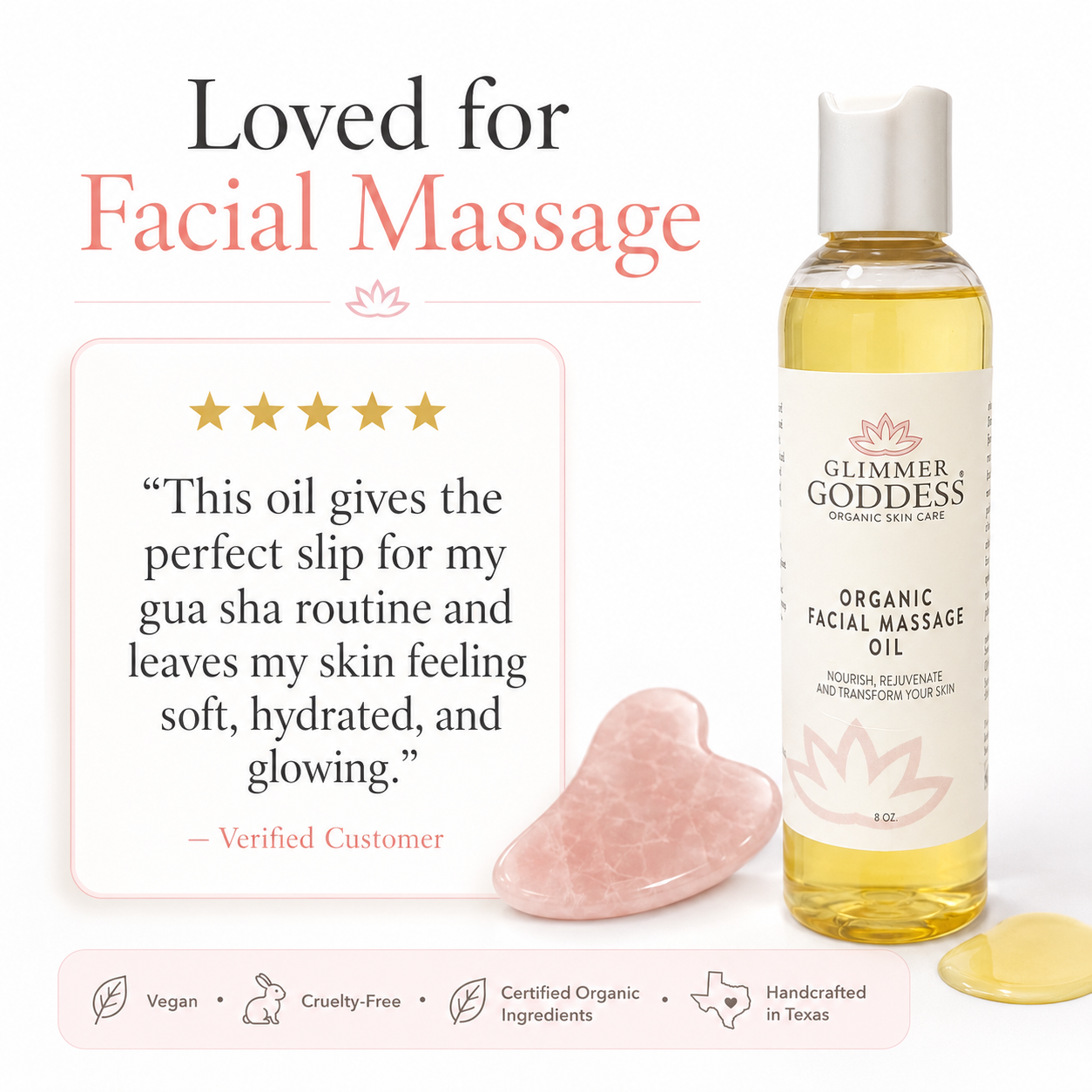 Organic facial massage oil by Glimmer Goddess® for anti-aging, featuring a natural skin care bottle with dropper and soothing oil.