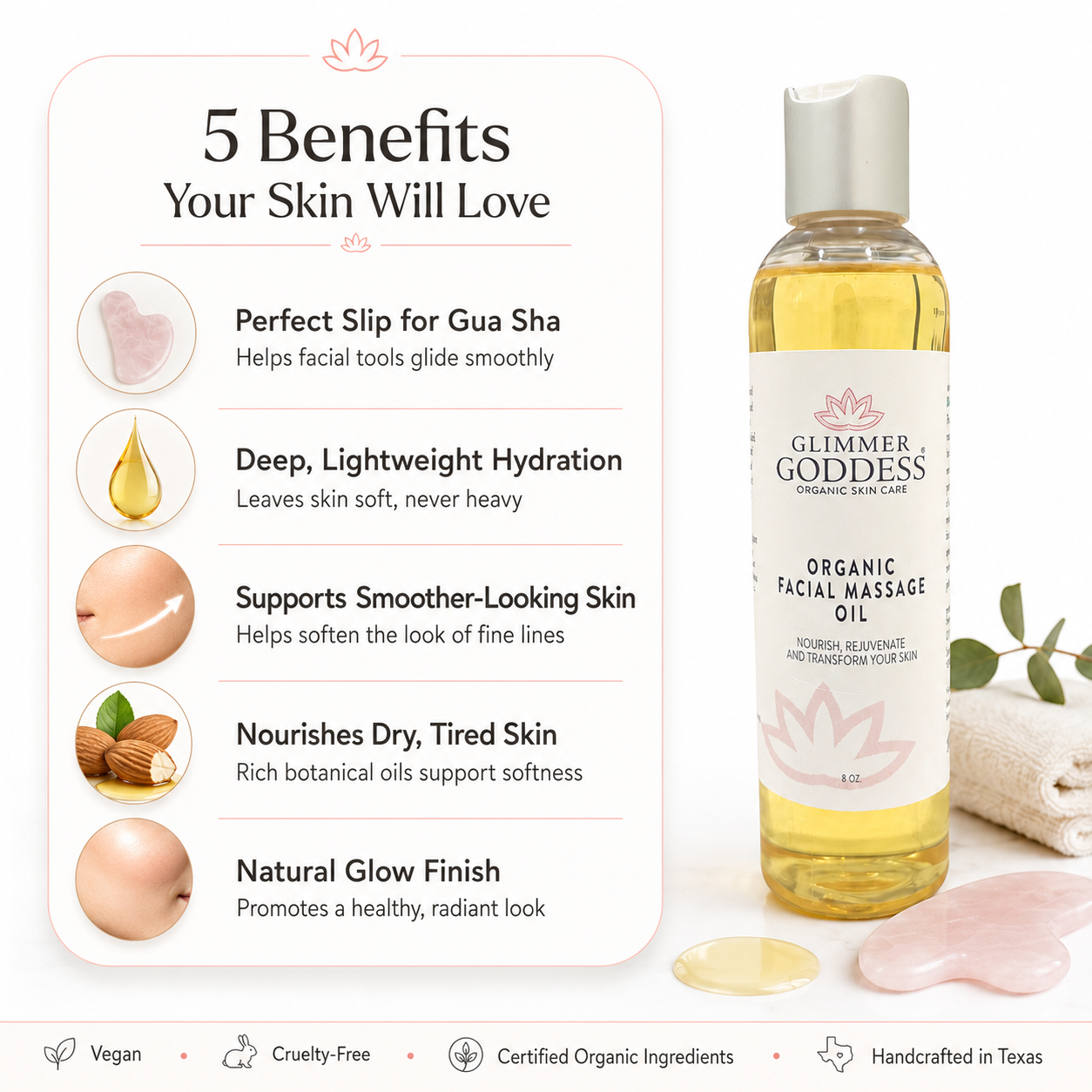 Organic facial massage oil by Glimmer Goddess® for anti-aging, featuring a glass bottle with a dropper and botanical ingredients.