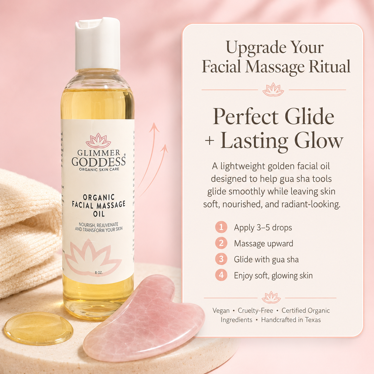 Organic facial massage oil by Glimmer Goddess® for anti-aging, featuring a sleek bottle with a dropper and natural ingredients.
