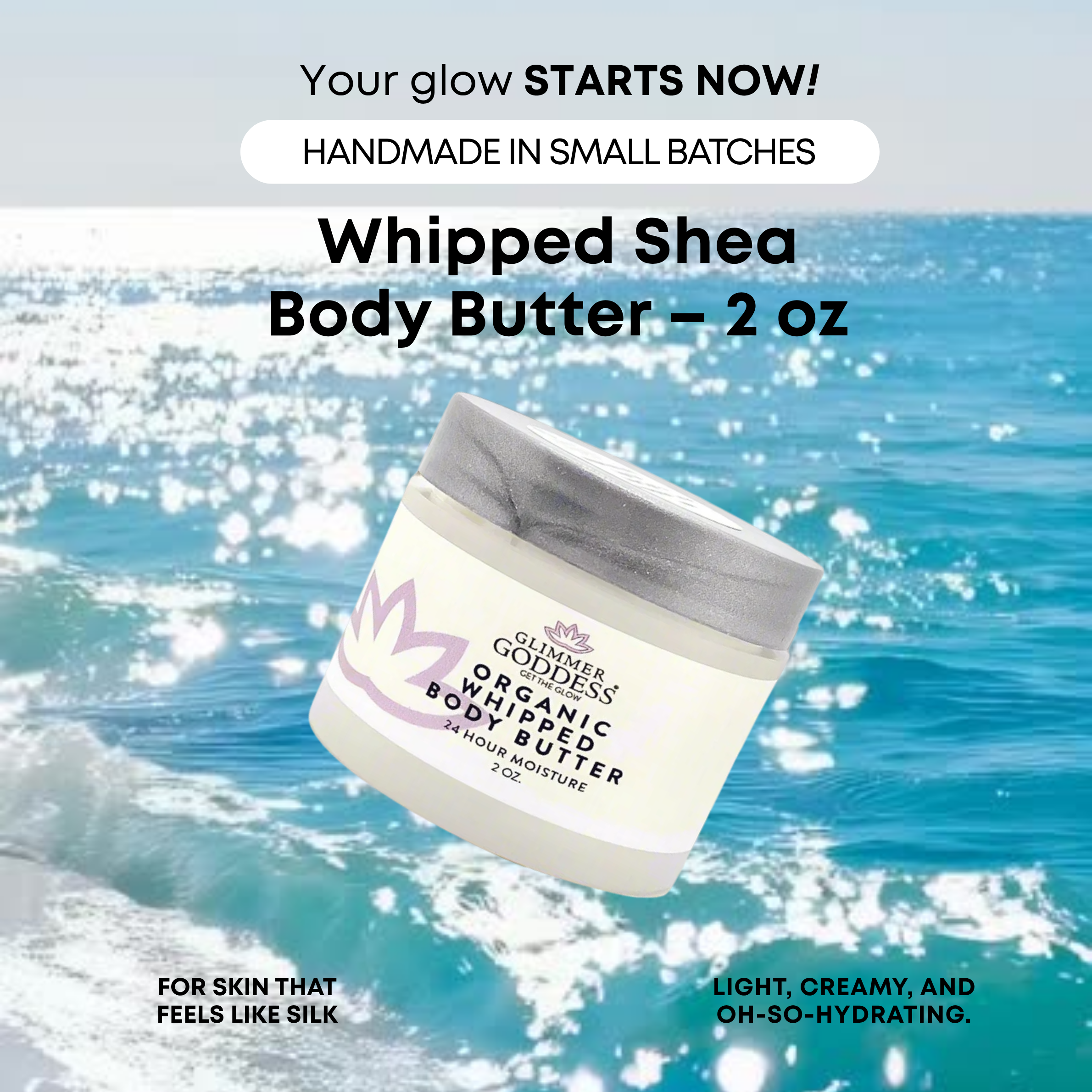 Whipped Shea Body Butter benefits: intense hydration, soothes eczema, travel-friendly 2 oz size - Glimmer Goddess® Organic Skin Care